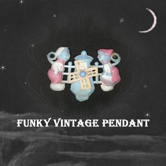 Vintage Celluloid Pendant Pink Blue Dutch Boy Dutch Girl for Novelty Jewelry - Picture 1 of 10